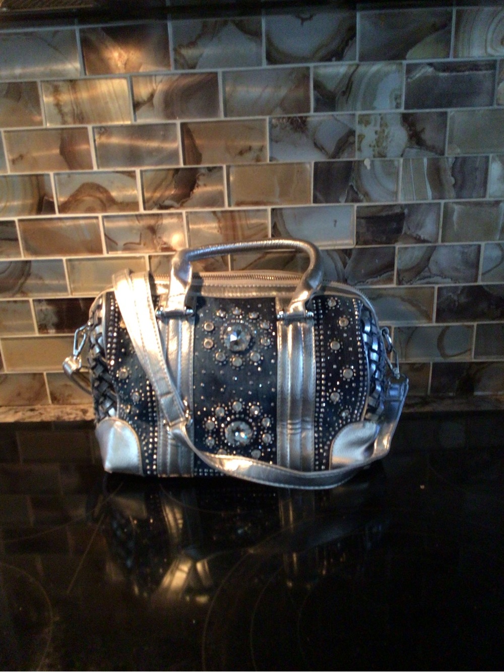 Embellished blue and Silver Satchel Bag